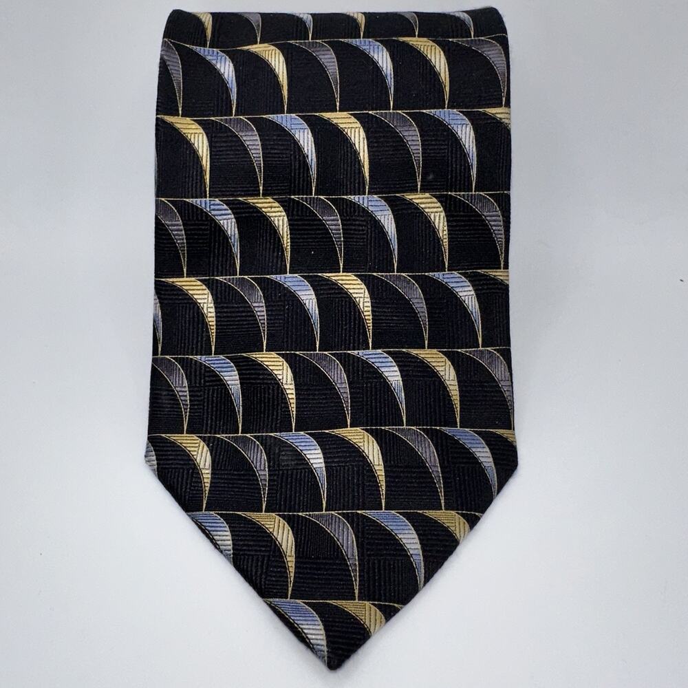 Fabio Fazio‎ Silk Tie 59” 4” Wide Black Gold Blue Geometric Handmade